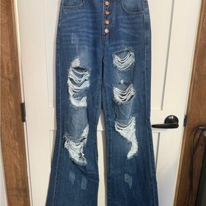 Classic Distressed Blue Flare Jeans